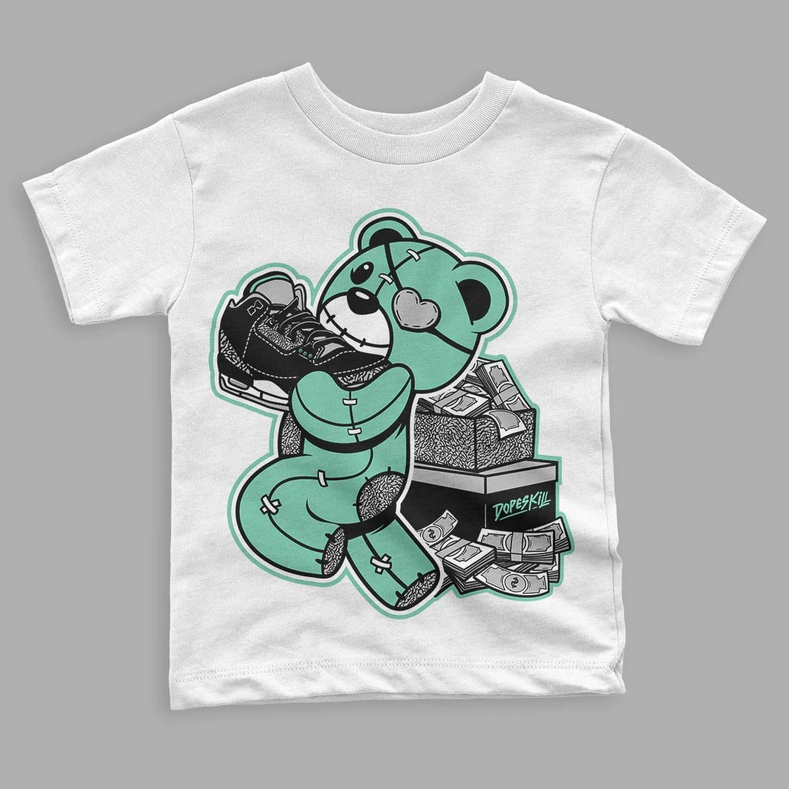 Green Glow 3s DopeSkill Toddler Kids T-shirt Bear Steals Sneaker Graphic 2 Green Glow 3s DopeSkill Toddler Kids T-shirt Bear Steals Sneaker Graphic - Image 2