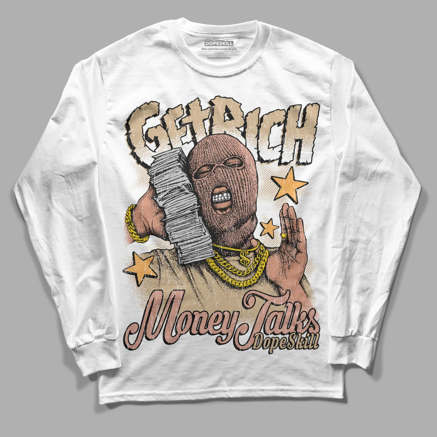 TAN Collection DopeSkill Long Sleeve T-Shirt Get Rich Graphic 2 TAN Collection DopeSkill Long Sleeve T-Shirt Get Rich Graphic - Image 2