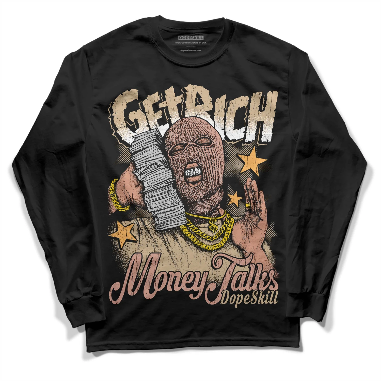 TAN Collection DopeSkill Long Sleeve T-Shirt Get Rich Graphic 1 TAN Collection DopeSkill Long Sleeve T-Shirt Get Rich Graphic