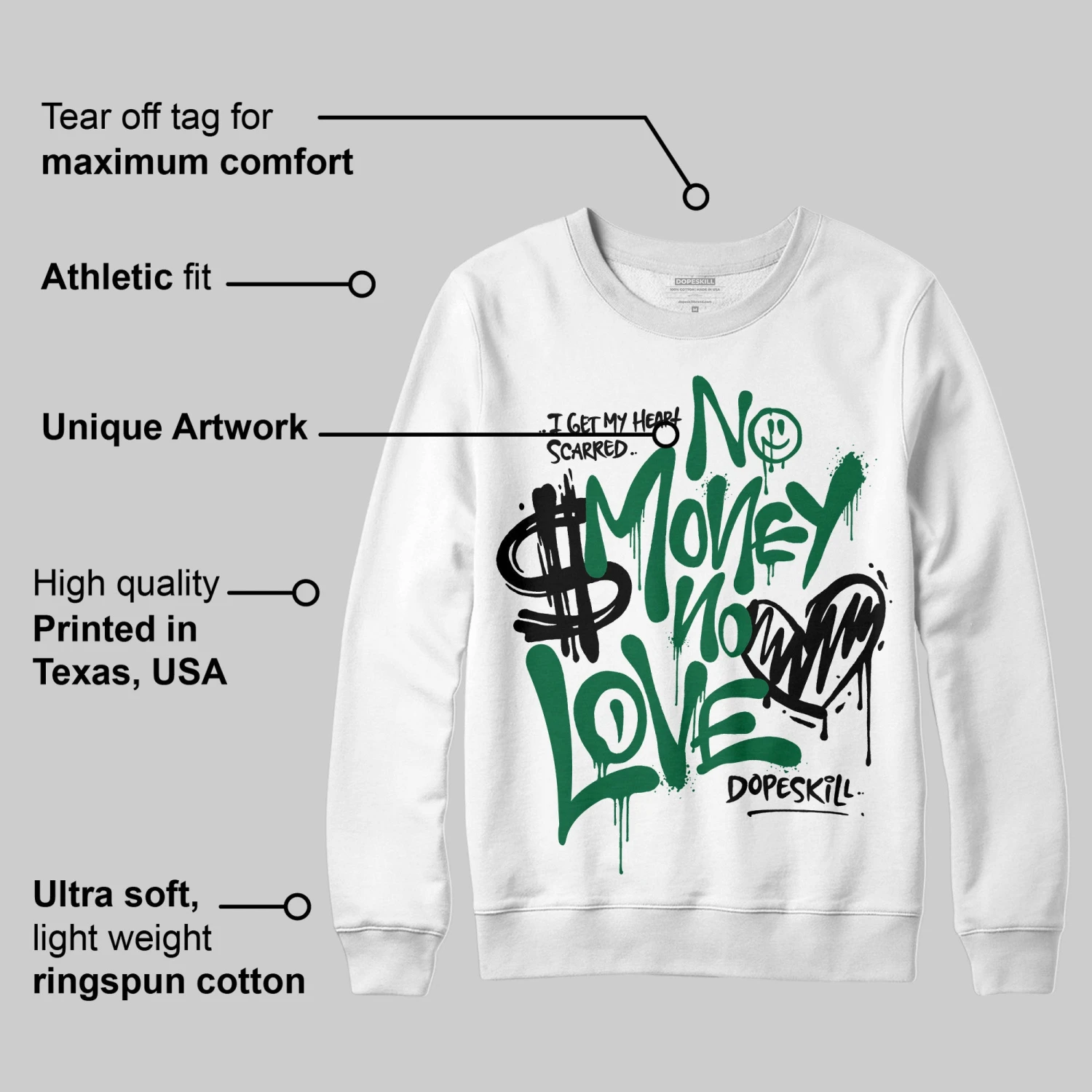 Pine Green 13s DopeSkill Sweatshirt No Money No Love Typo Graphic 3 Pine Green 13s DopeSkill Sweatshirt No Money No Love Typo Graphic - Image 3